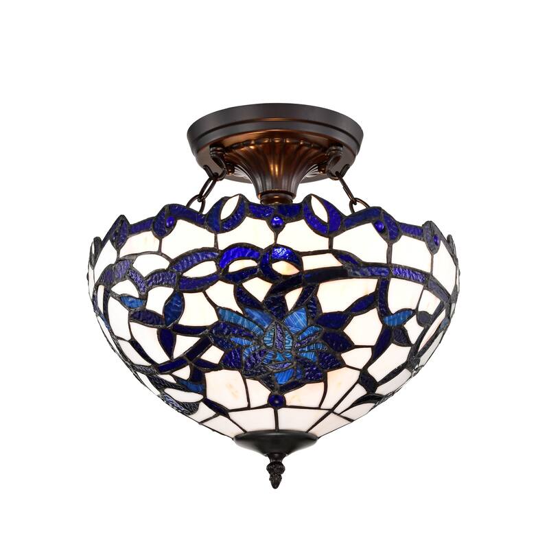 Vayne Blue/White 2-Light Stained Glass Bowl Shade Tiffany-Style Semi-Flush Mount