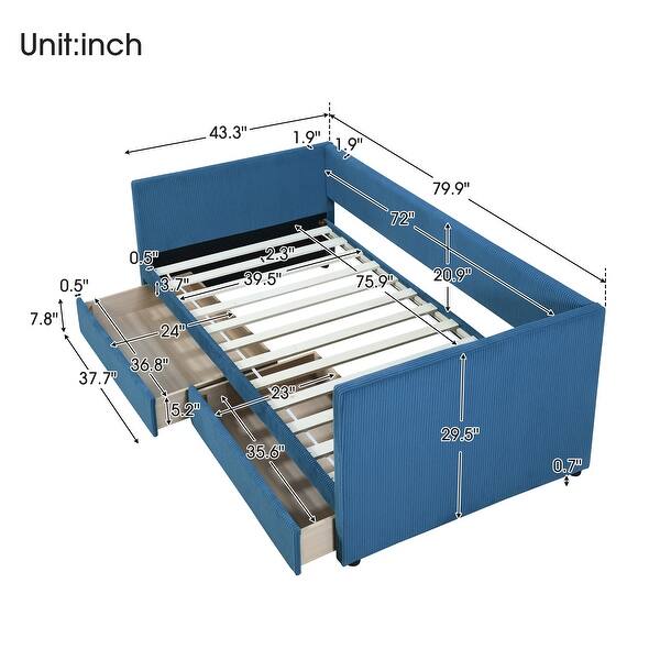 Twin Size Blue Corduroy Accent Daybed Sofa Bed Dual Storage Drawers & Wood Slat Modern Design