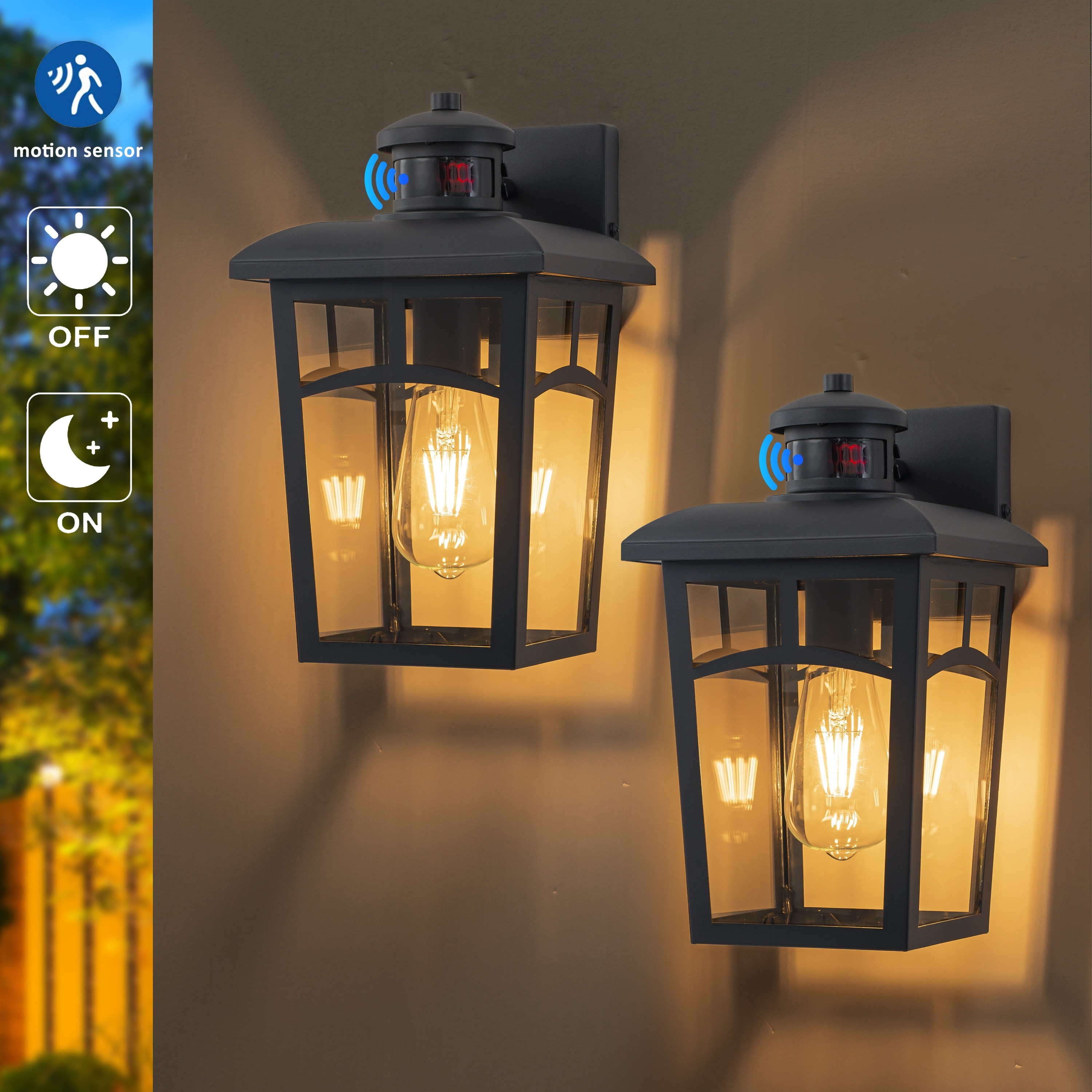 C Cattleya 2-Pack Matte Black Motion Sensor Outdoor Wall Lantern Sconce with Clear Glass