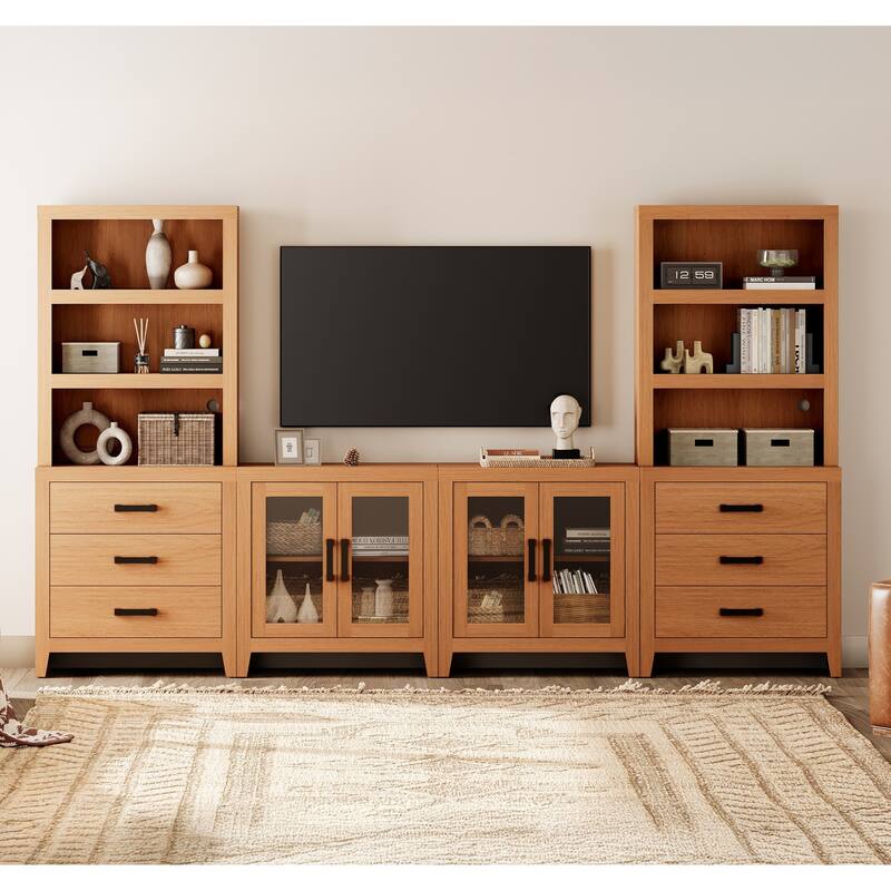 WAMPAT Farmhouse Entertainment Center with Bookshelves, Modular TV Stand with Drawers & Glass Doors - 126"W x 72.2"H x 15.4"D - Mocha