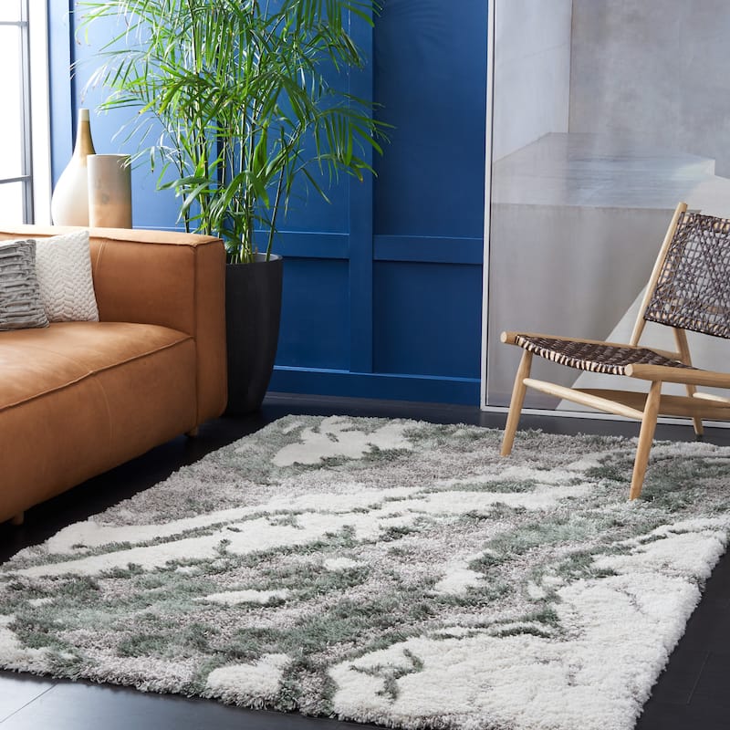 SAFAVIEH Horizon Shag Mukades Abstract 2.5-inch Thick Rug - 3' Square - Grey/Green - Square