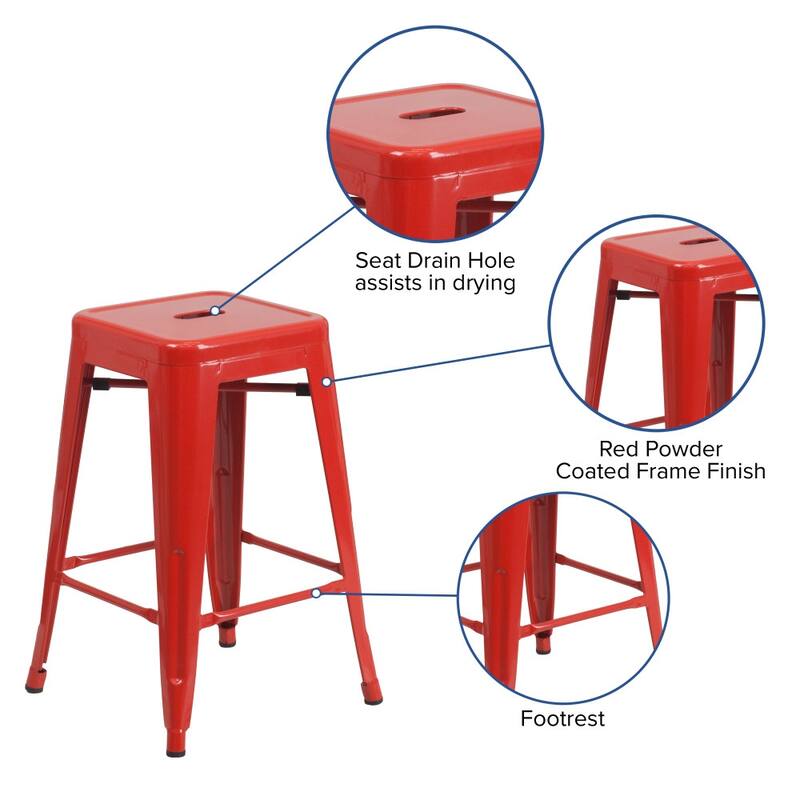 24" High Backless Metal Indoor-Outdoor Counter Height Stool w/Square Seat
