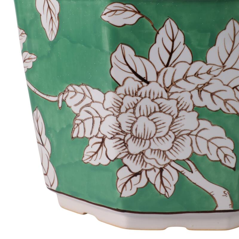 Ceramic Planters Embossed Bird Floral Detailing Scalloped (Set of 2) - 12.25" x 12.25" x 9.5"