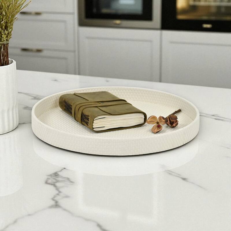 Tamsin 14.5" Round Decorative Serving Tray - Wicker Weave Pattern for Display, and Organization - White