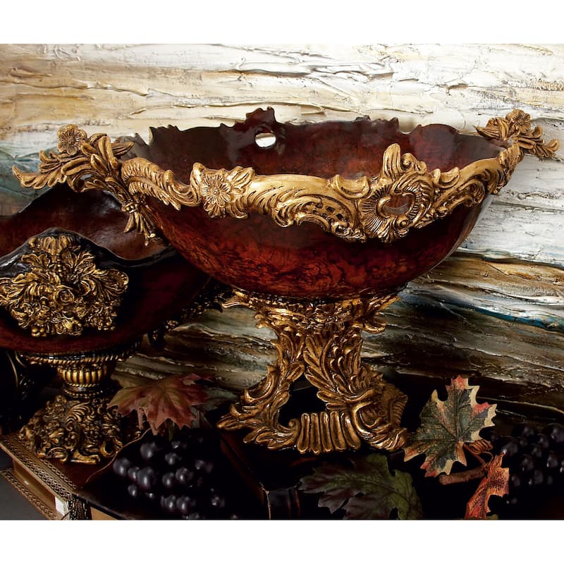 Gold Polystone Intricately Carved Arabesque Leaf Decorative Decorative Bowl - Gold