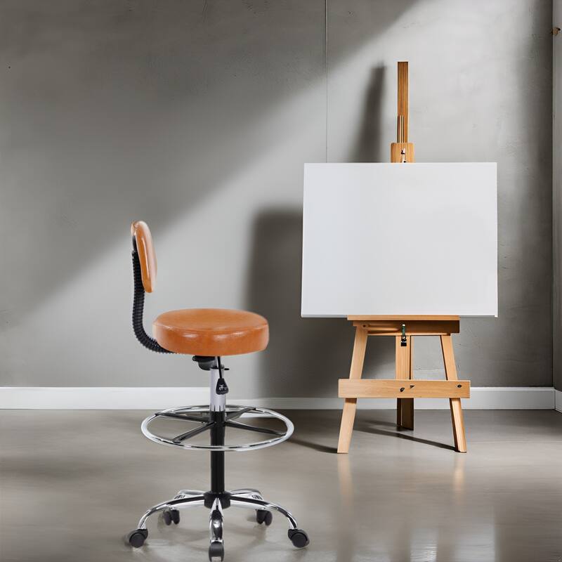 Adjustable Rolling Work Stool with Faux Leather Seat and Foldable Footrest, Versatile Stool for Home Office, Vanity,