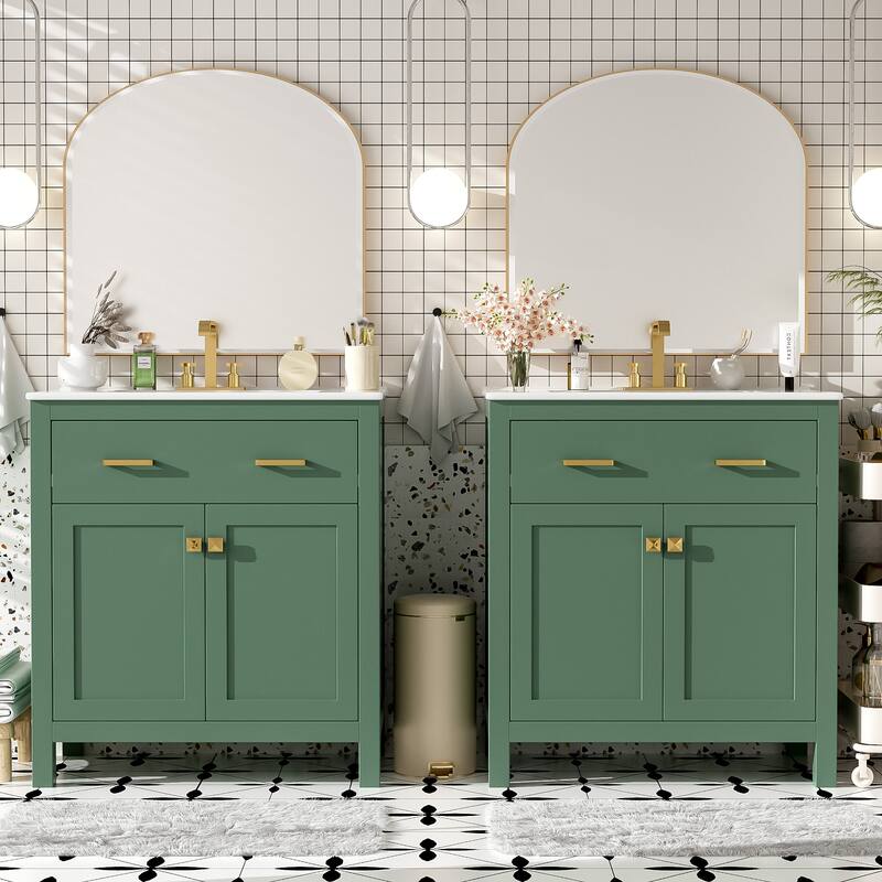 Set of 2 Vanity for Bathroom with Double Ceramic Sinks, 60" Modern Storage Cabinet with Flip-down Drawers and Door Organizers