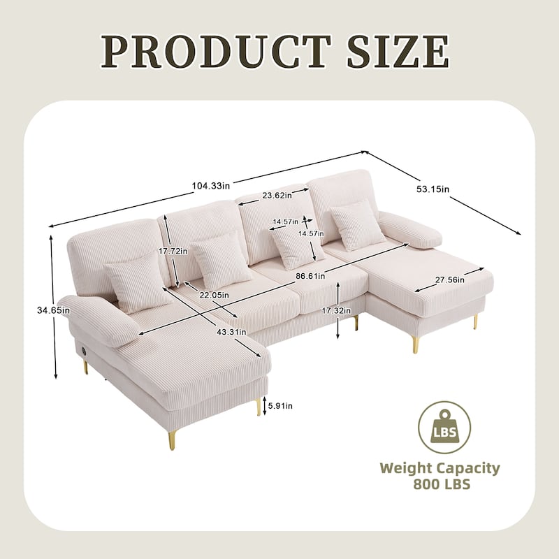 HOMEFUN Corduroy Upholstered U-shaped Adjustable Light Modular Sectional Sofa With Type-C and USB ports