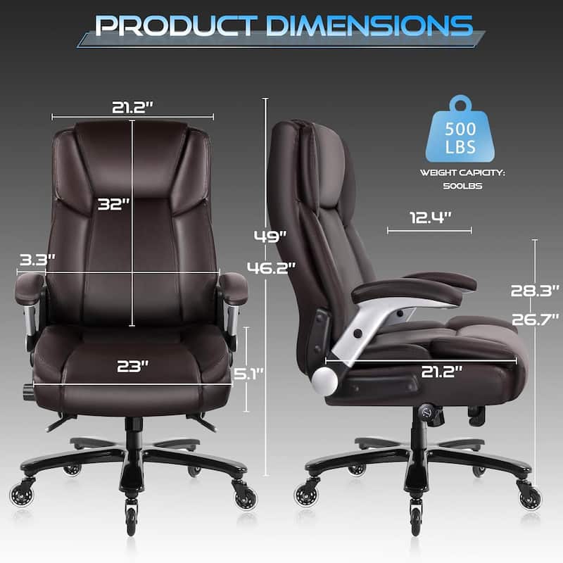 BOSSIN 600lbs Big and Tall Office Leather Chair with Flip up Armrest, Ergonomic Lumbar Support and Quiet Rubber Wheel
