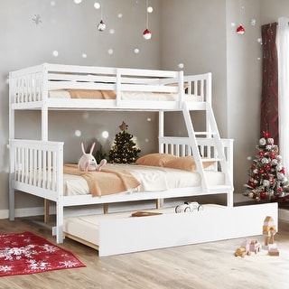 Detachable Rubber Wood Twin Over Full Bunk Bed with Trundle,Convertible Ladder and Guardrail