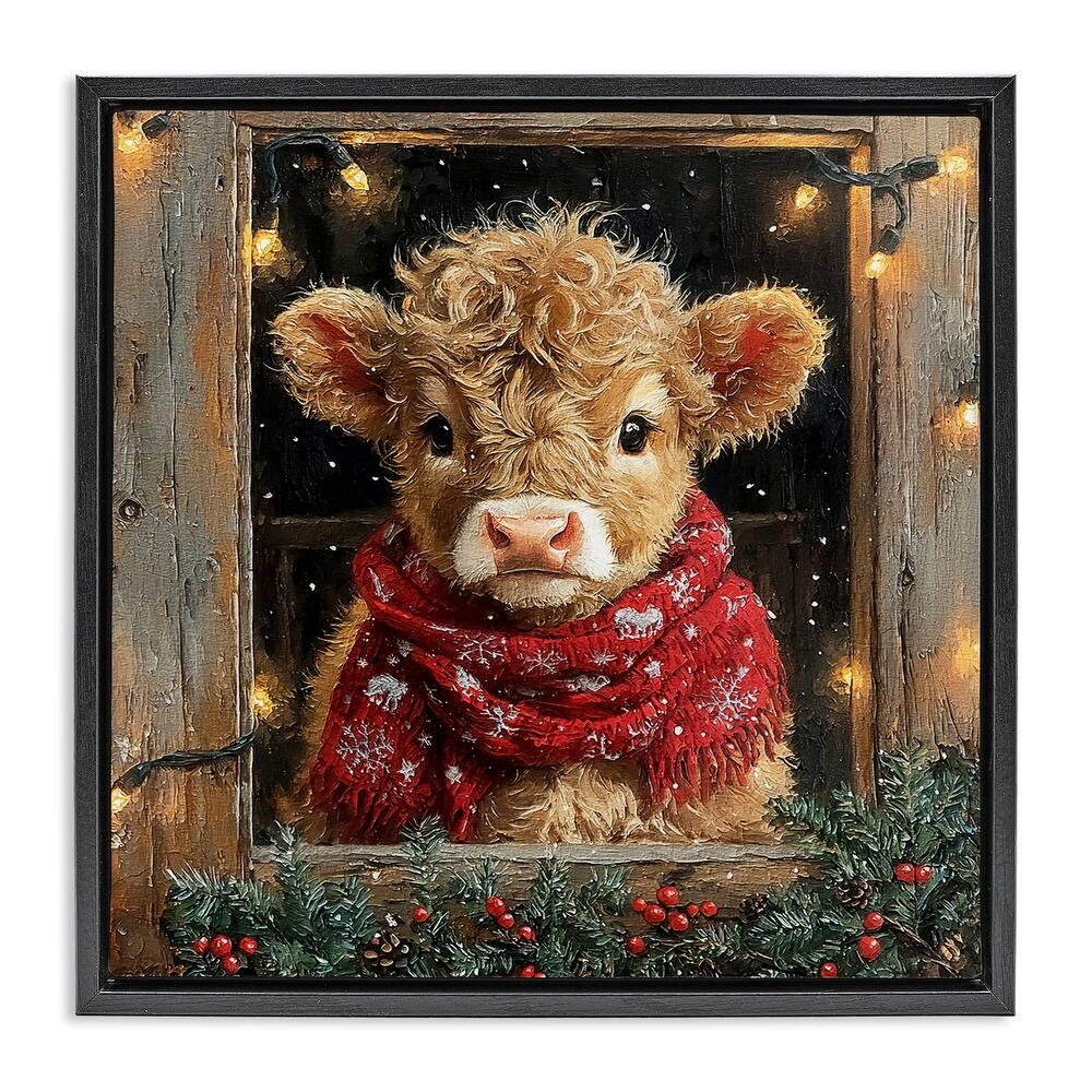 Stupell Calf with Holly & Lights Garland Framed Floater Canvas Wall Art Design By Riley B