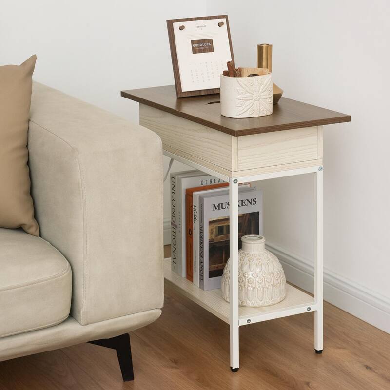 Flip Top Narrow End Table with Storage and Built-In Outlets, Small Side Table
