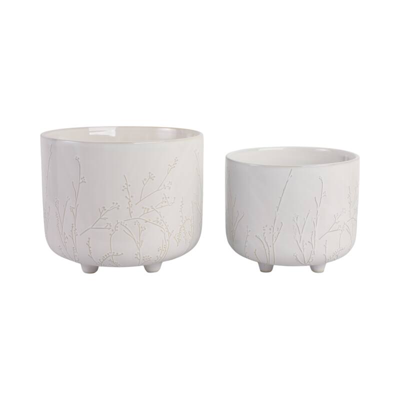 Stoneware Ceramic Planter Raised Botanical Relief Design Tripod Base - 11" x 11" x 9"