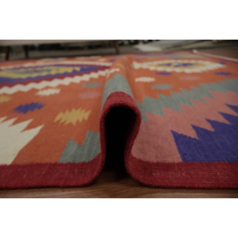 Hand Woven Oriental 100% Wool Carpet Southwestern Tribal Oranges & Rust Kilim Area Rug - 9' 8'' X 7' 11''