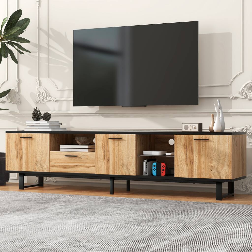 Wood 70.86" TV Stand with Drop Down Door, 4 Cabinets and Open Shelves for TVs Up to 80"