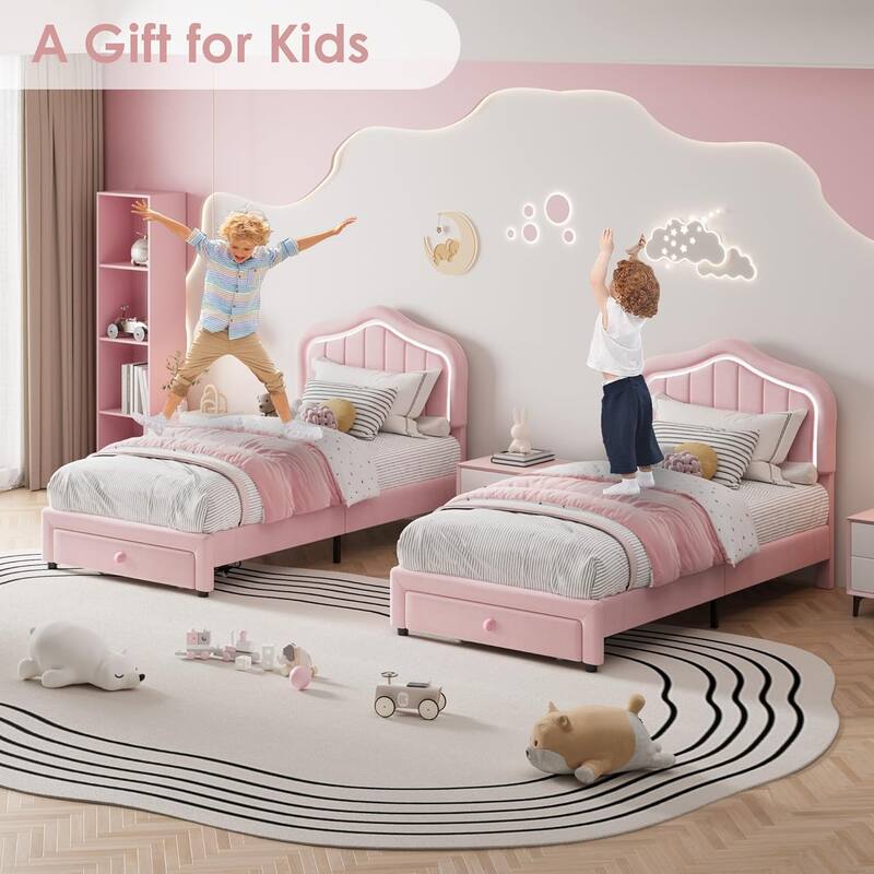 Upholstered Bed Frame with Storage Drawer and LED Headboard, Wooden Slat Support, Easy to Assemble