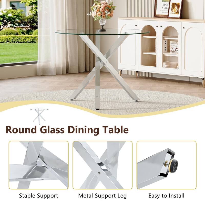 Round glass dining table suitable for 2-4 people diameter 39 inches, height 30 inches, X-shaped silver metal frame