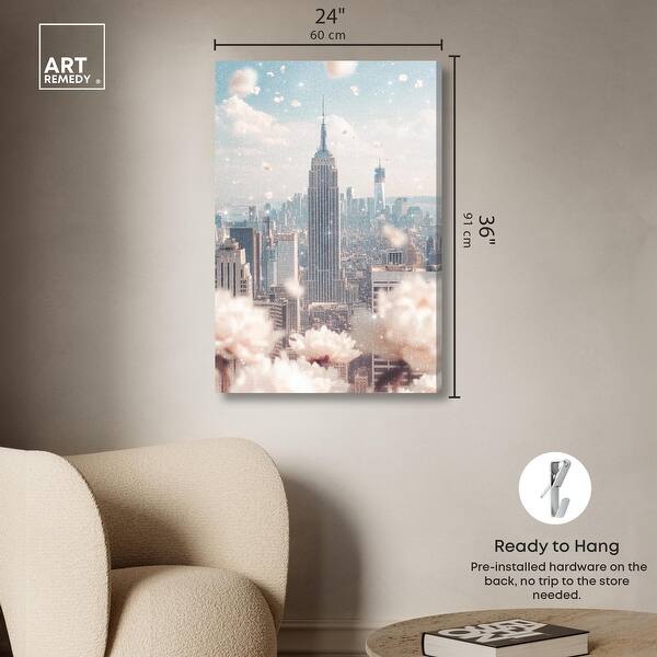 dimension image slide 4 of 6, Peonies Over New York Canvas by Art Remedy, Gallery Wrapped
