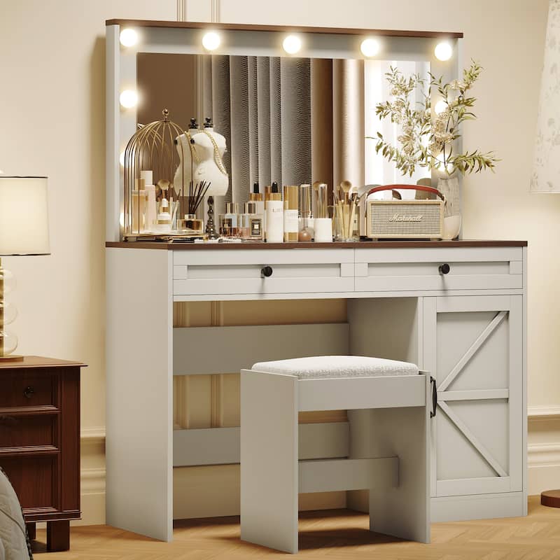 Homy Casa 43.4" Makeup Vanity Table with LED Light & 3 Drawers - White