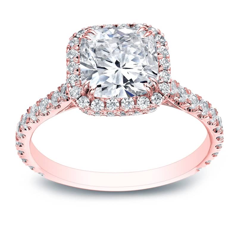 Auriya 18k Gold 2 carat TW Cushion-cut Halo Diamond Engagement Ring Certified (H-I, SI1-SI2) - Rose - 4