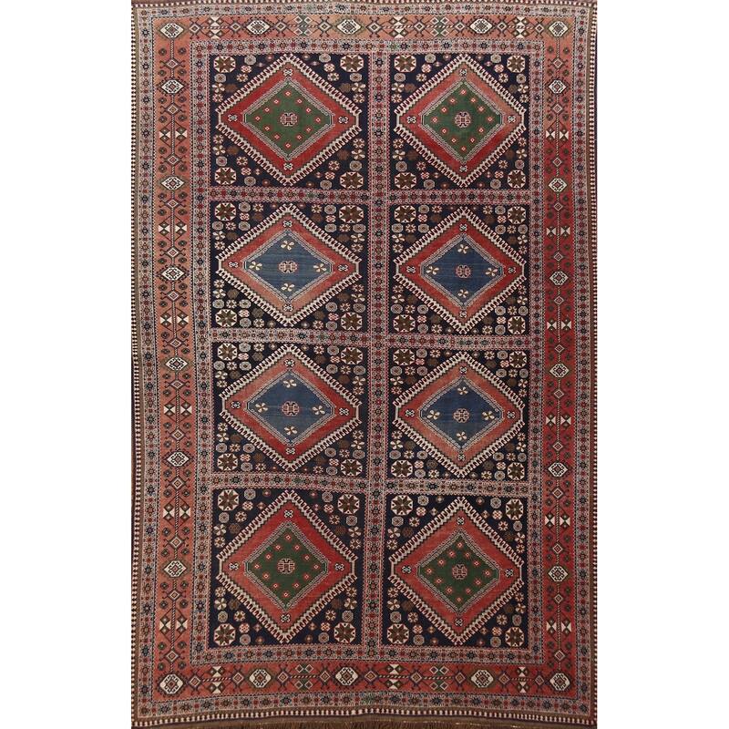Hand Knotted Oriental 100% Wool Carpet Traditional Geometric Navy Blue & Blues Yalameh Area Rug - 10' 11'' X 7' 6''