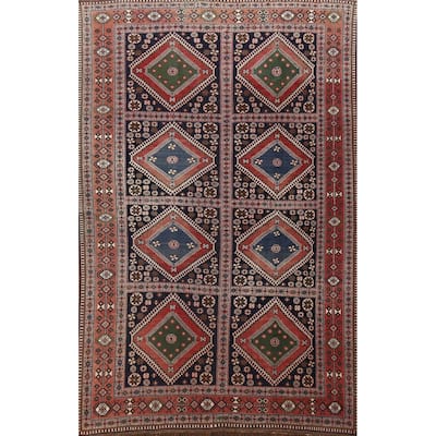 Hand Knotted Oriental 100% Wool Carpet Traditional Geometric Navy Blue & Blues Yalameh Area Rug - 10' 11'' X 7' 6''