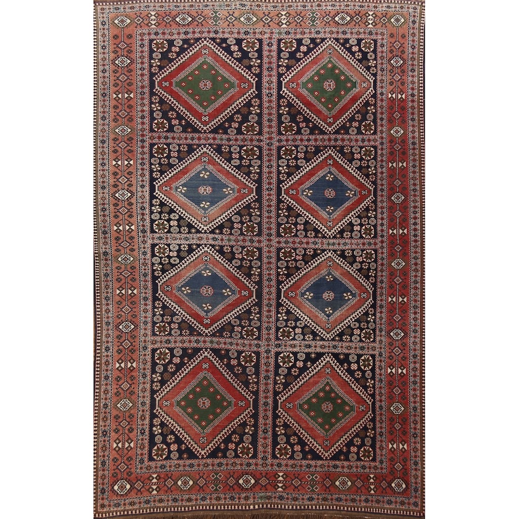 Hand Knotted Oriental 100% Wool Carpet Traditional Geometric Navy Blue & Blues Yalameh Area Rug - 10' 11'' X 7' 6''