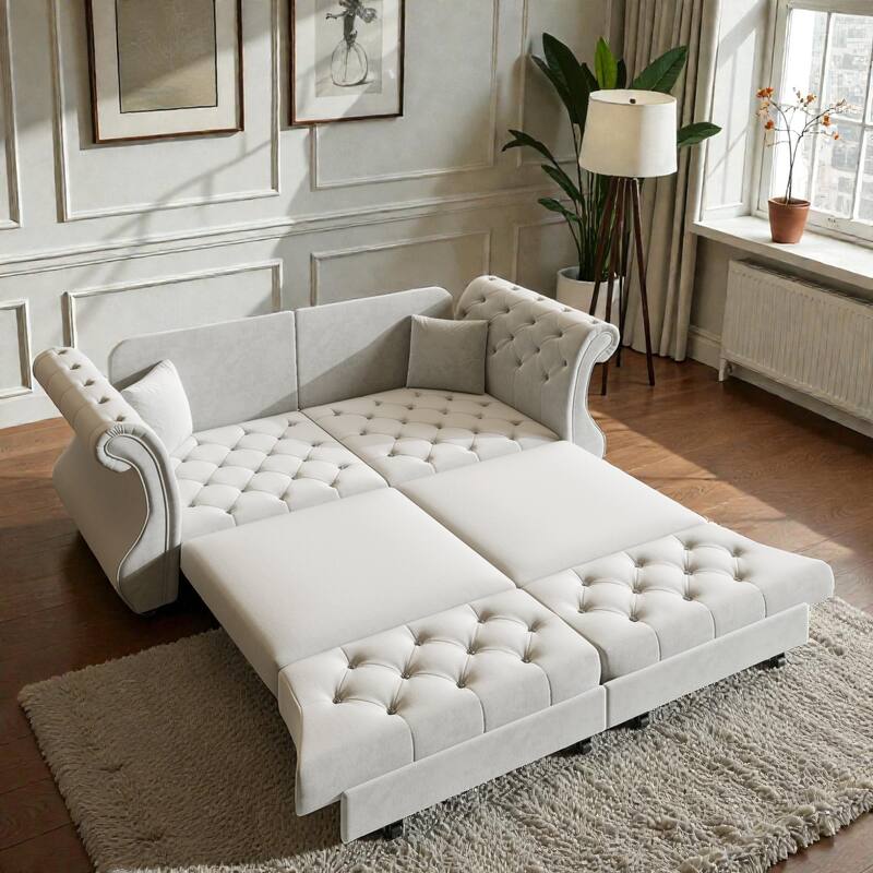 83.8 Inch Chesterfield Pull Out Sofa Bed, Velvet Roll Arm Couch with Flower Tufting, Convertible Sleeper
