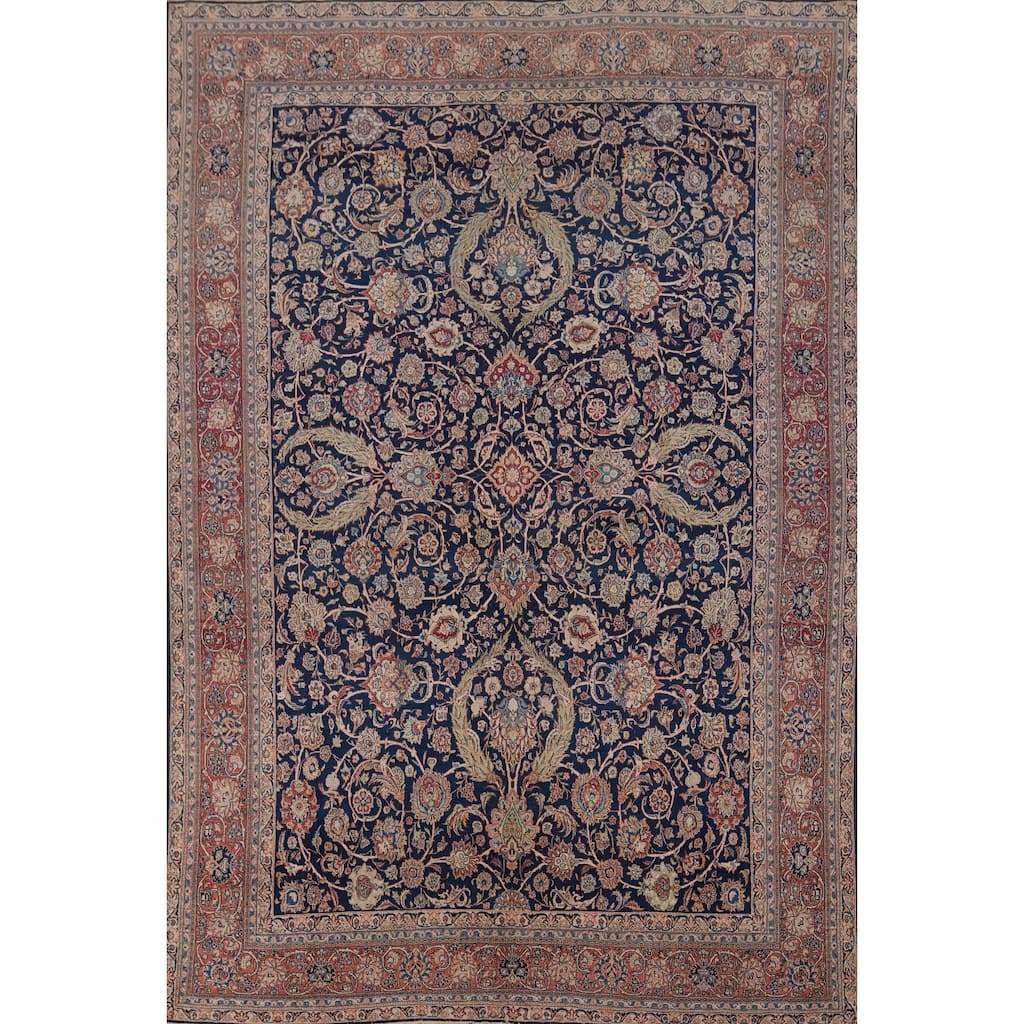 Hand Knotted Oriental 100% Wool Carpet Traditional Floral Navy Blue & Blues Kashan Area Rug - 14' 0'' X 10' 4''