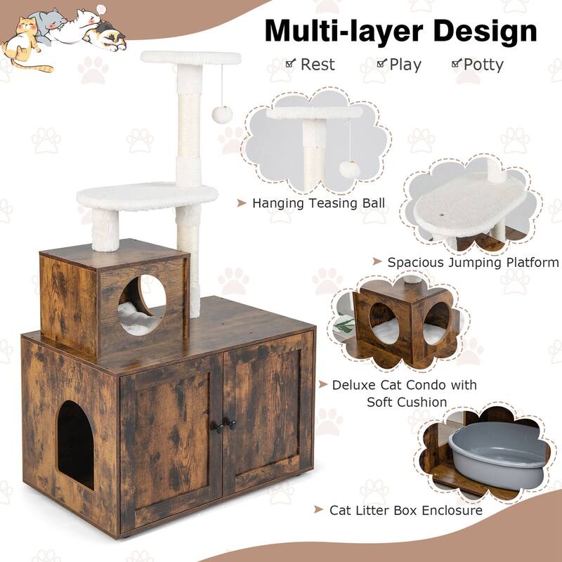 2in1 Wooden Litter Box Enclosure w/ Cat Tree Hidden Storage Furniture