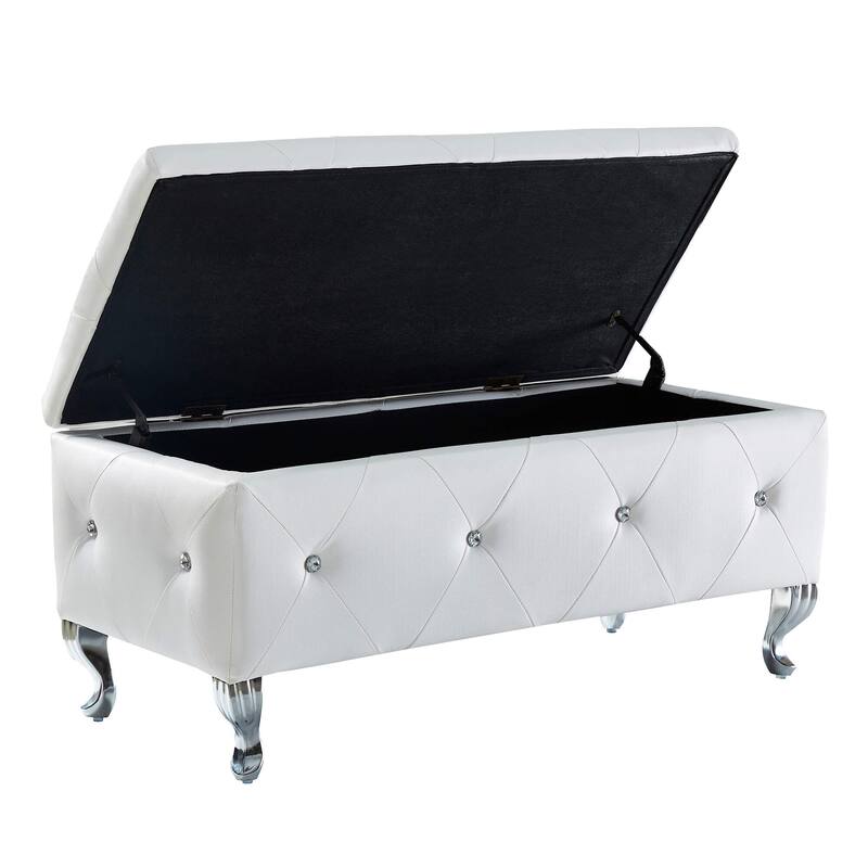 Storage Bench Leisure Stool with Safety Hinged Flap, End of Bed Decorative Bench with Crystal Buttons and Metal Legs