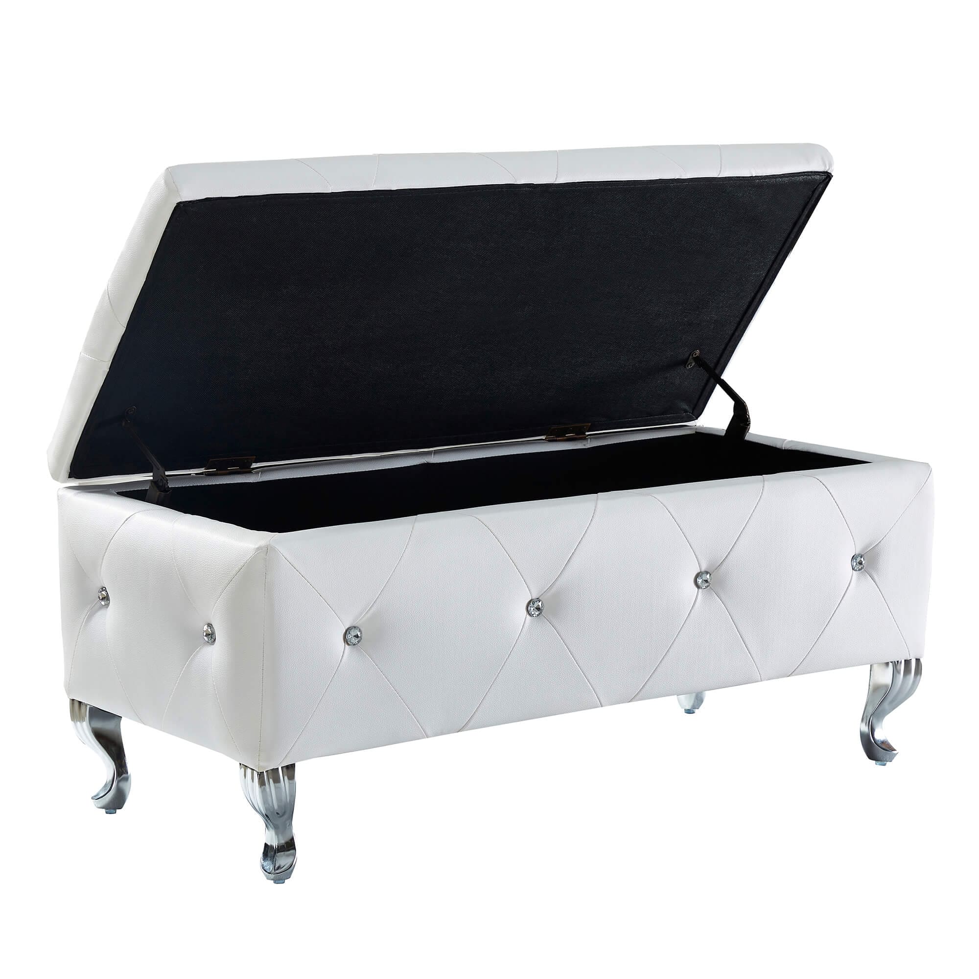 Upholstered Storage Ottoman Bench With Faux Leather And Crystal Buttons