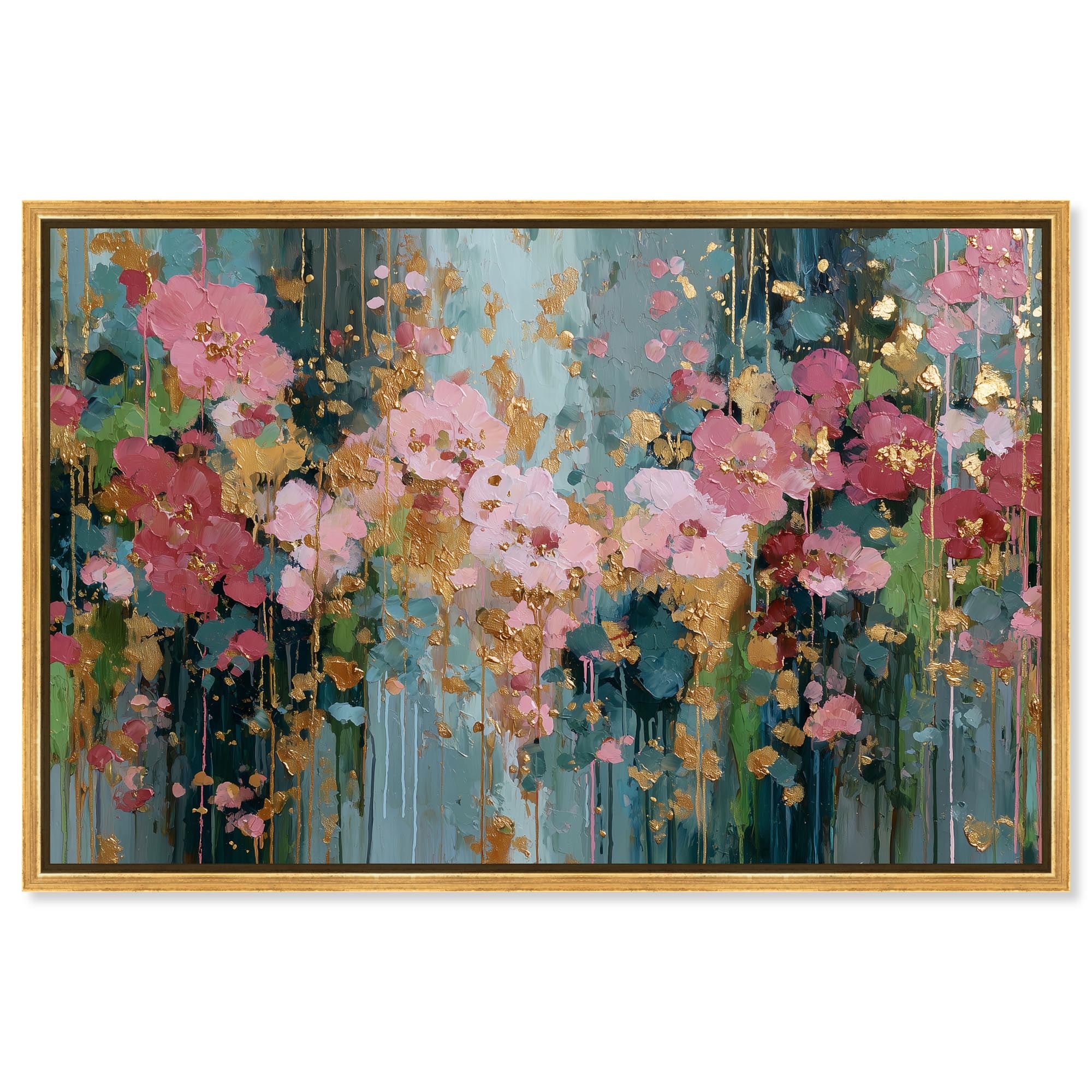 Golden Pollen Rain Pink Floral Art Framed Canvas Print by Art Remedy