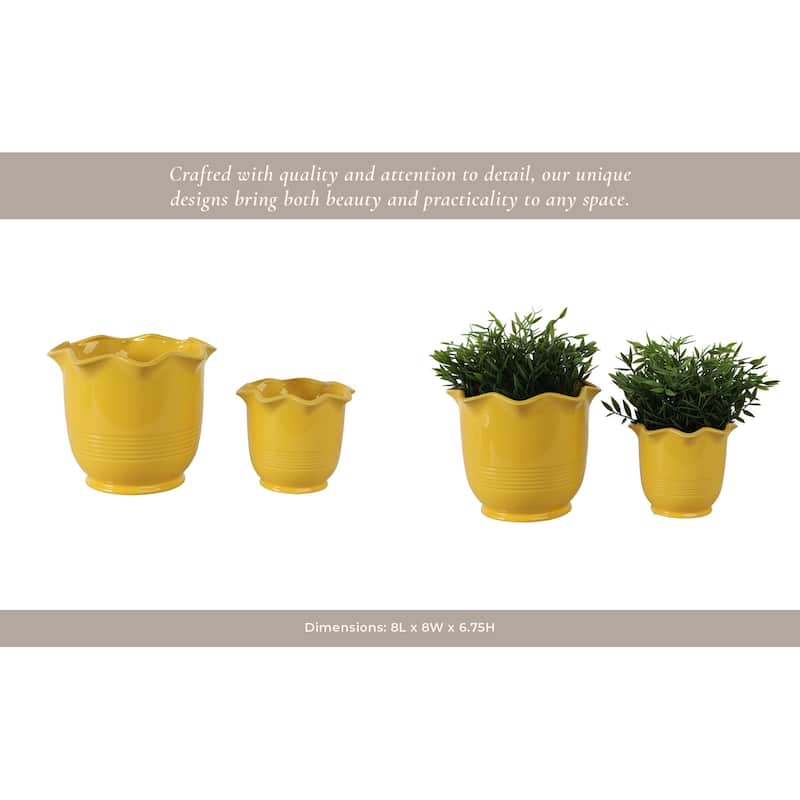 Ceramic Planter Scalloped Rim Ribbed Design Home Decor (Set of 2) - 8" x 8" x 6.75"