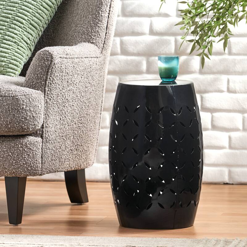 12.25" Modern Round Side Table with Barrel Structure and Iron-cut Design for Living Room or Bedroom