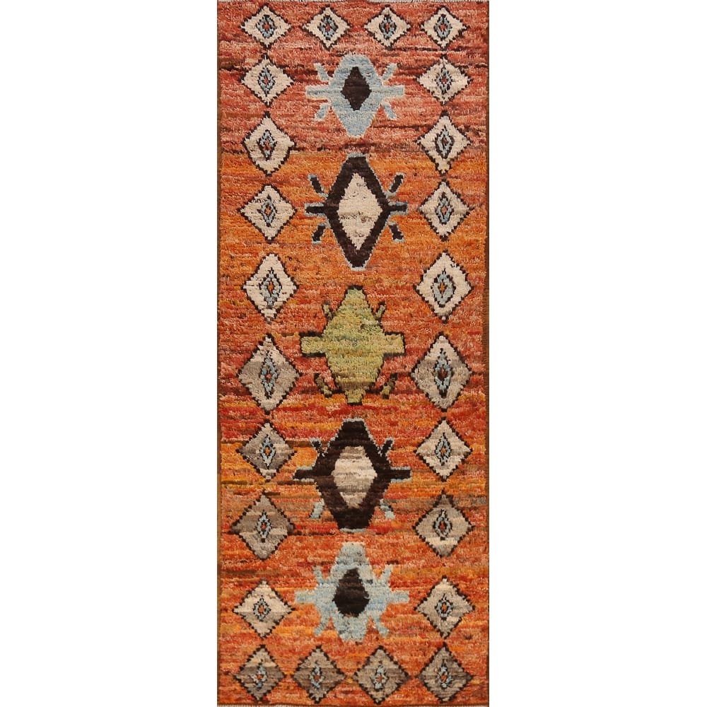 Geometric Orange Moroccan Oriental Runner Rug Handmade Wool Carpet - 2'9" x 9'9"