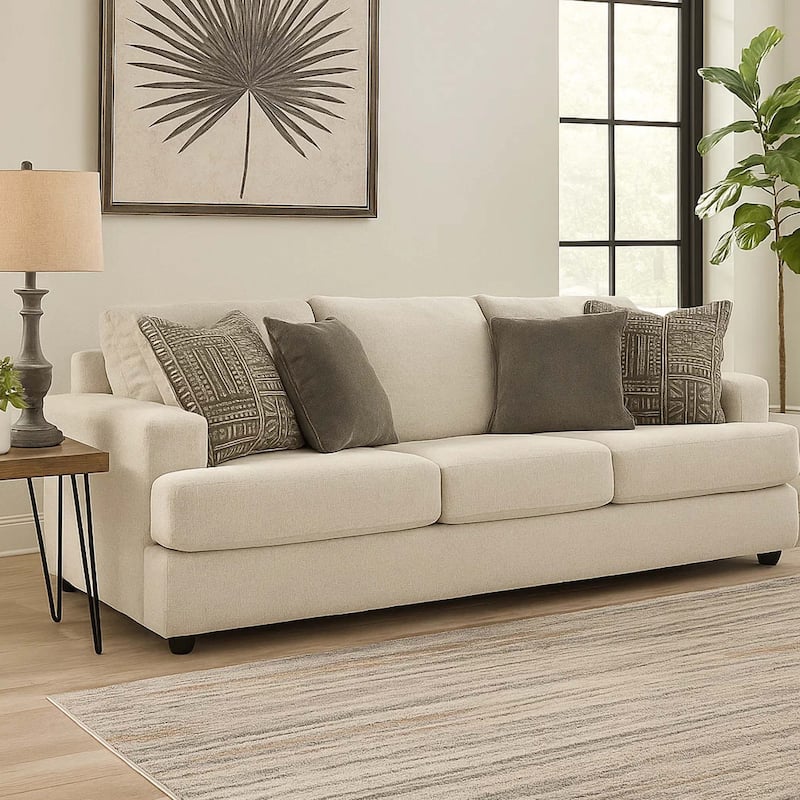 Tren 3 Seater 96 Inch Sofa with 4 Jacquard Throw Pillows | Wide Track Arms | Textured Beige Chenille