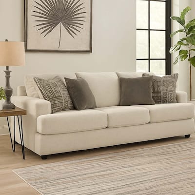 Tren 3 Seater 96 Inch Sofa with 4 Jacquard Throw Pillows | Wide Track Arms | Textured Beige Chenille