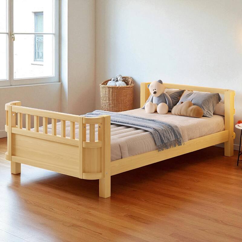 Wood Platform Bed with Guardrails & Detachable Fence, Twin/Full/Twin XL/Queen Size Kids Bed, Safety Design, No Box Spring - Natural - Twin