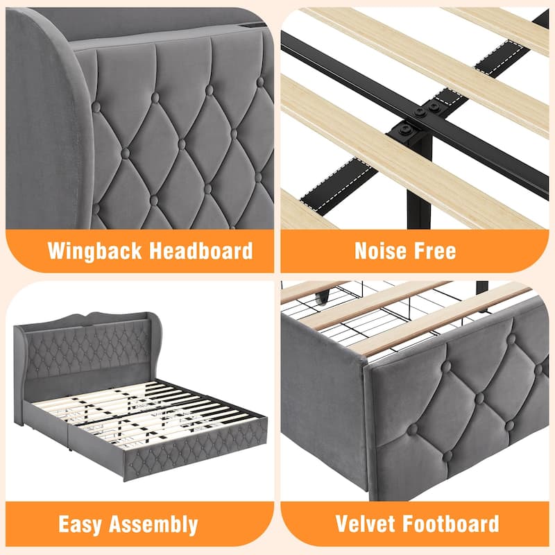 Grey Upholstered Platform Bed with Drawers and Charging Station