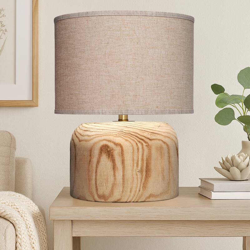 Timy Accent Table Lamp, 18 Inch, Linen Drum Shade, Brown Wood Base