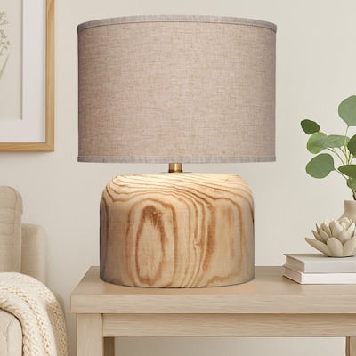 Timy Accent Table Lamp, 18 Inch, Linen Drum Shade, Brown Wood Base