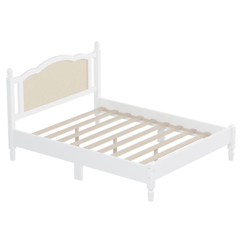 Wooden Platform Bed with Natural Rattan Headboard, Wingback Bed Frame with Wooden Slat Support, No Box Spring Needed