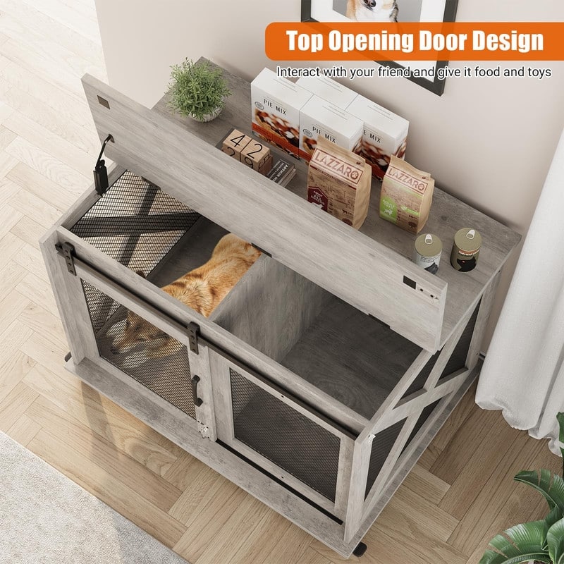 Large Wooden Dog Crate Kennel Furniture Side End Table with Flip Top and Movable Divider