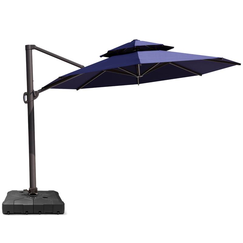 11.5' Cantilever Patio Umbrella with Umbrella Base Stand, Crank Lift, 360 Degree Rotation & Tilt - Navy Blue