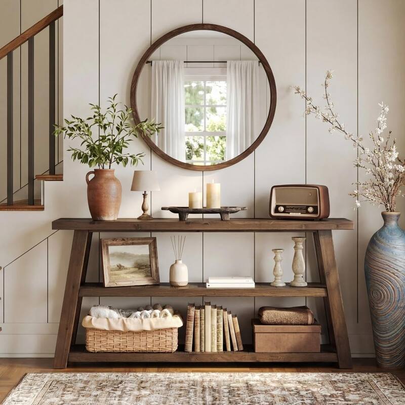 62.99" Solid Wood Console Table, 3-Tier Farmhouse Entryway Table - Wood - Brown