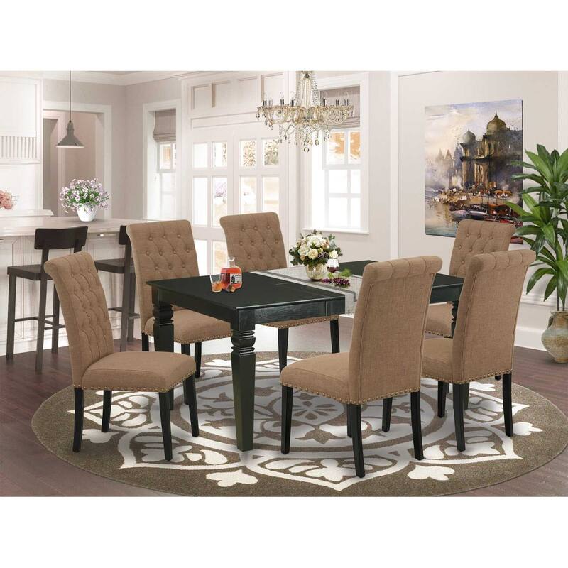 HomeStock 7-Piece Rectangle Black Finish Solid Wood Top Dining Table with 6 Parson-Chairs with Butterfly Leaf Lattice Back