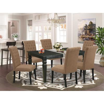 HomeStock 7-Piece Rectangle Black Finish Solid Wood Top Dining Table with 6 Parson-Chairs with Butterfly Leaf Lattice Back