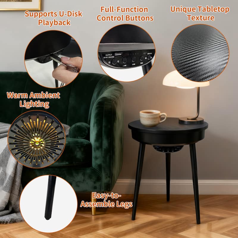 Round Smart End Table with Bluetooth Speaker Side Table LED Nightstand with USB Port
