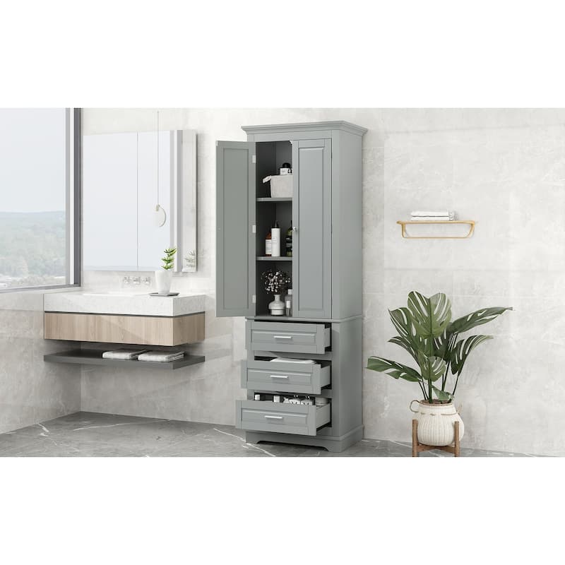 Double Door Bathroom Storage Cabinet Tall Bathroom Storage Cabinet with 3 Drawers Moisture-Resistant Cabinet